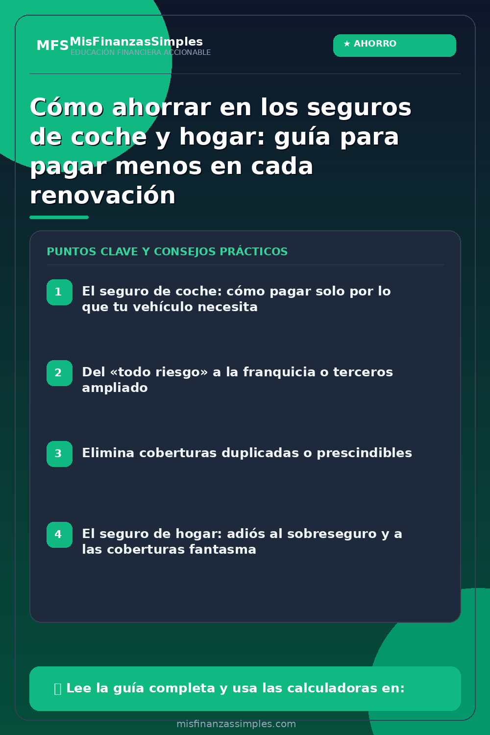 Infografía resumen: Cómo ahorrar en los seguros de coche y hogar: guía para pagar menos en cada renovación