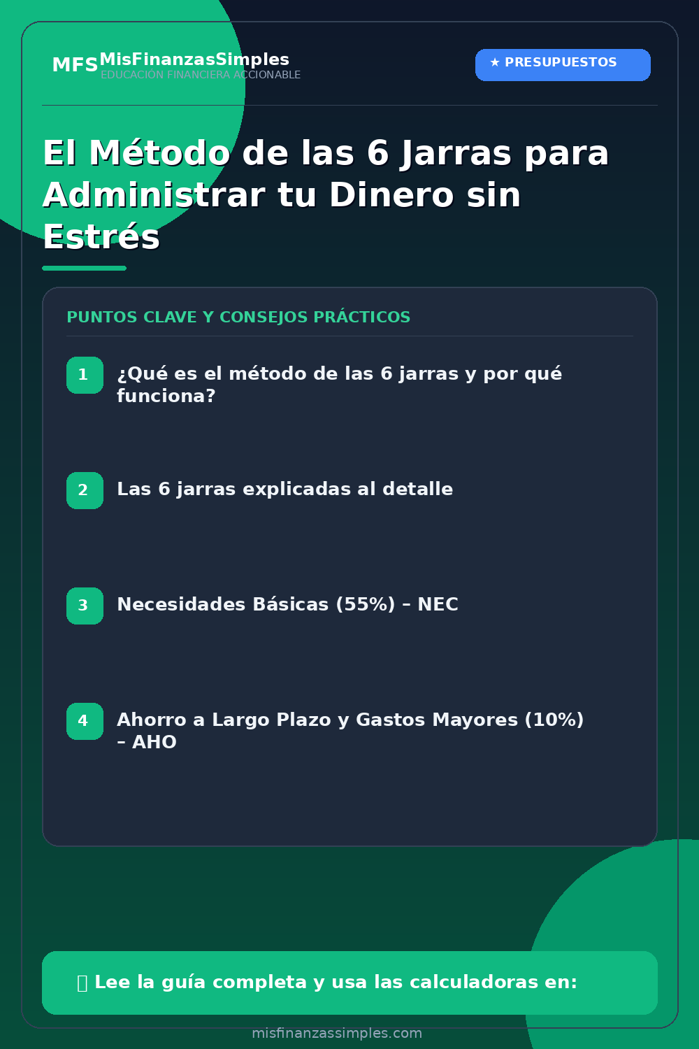 Infografía resumen: El Método de las 6 Jarras para Administrar tu Dinero sin Estrés