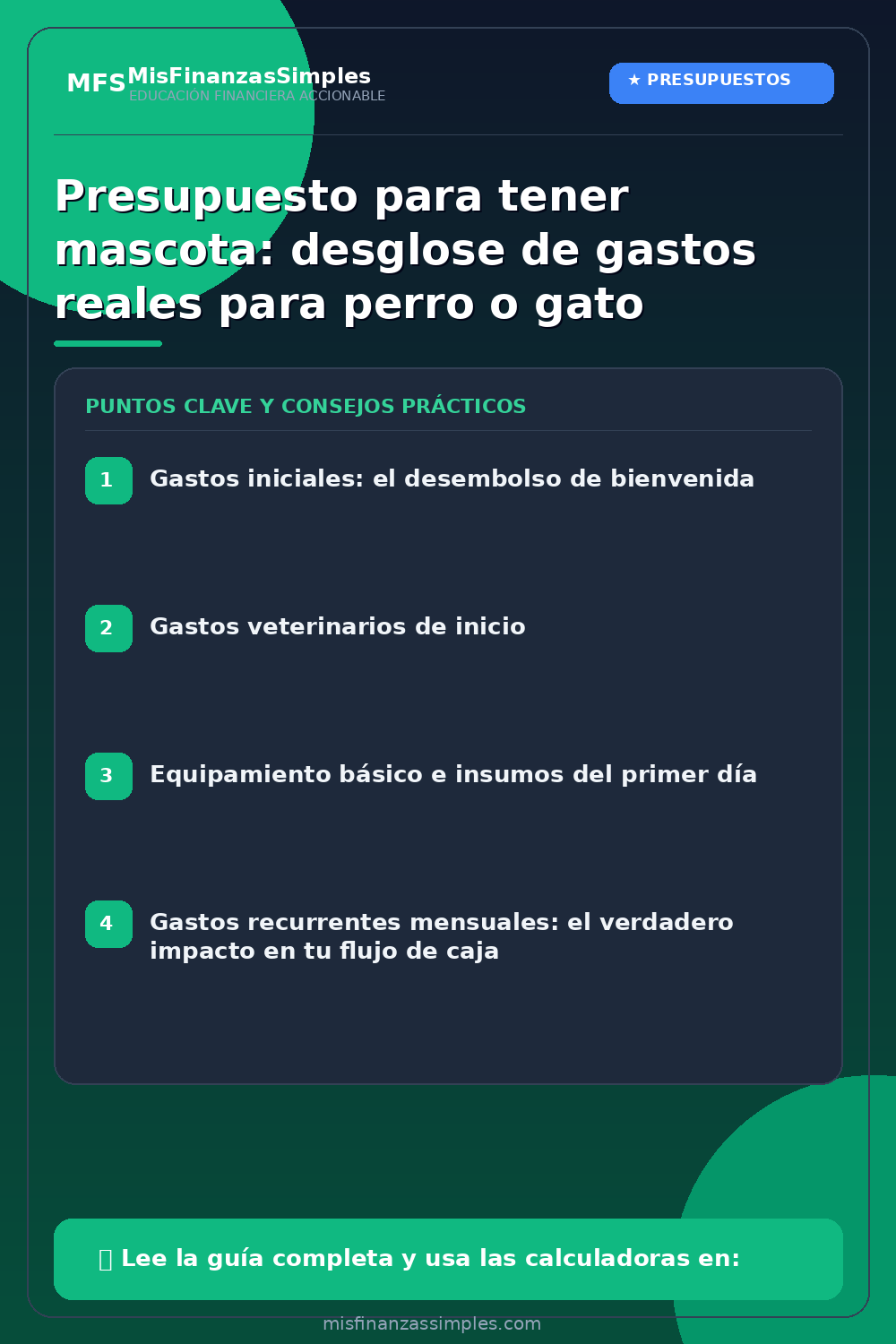 Infografía resumen: Presupuesto para tener mascota: desglose de gastos reales para perro o gato