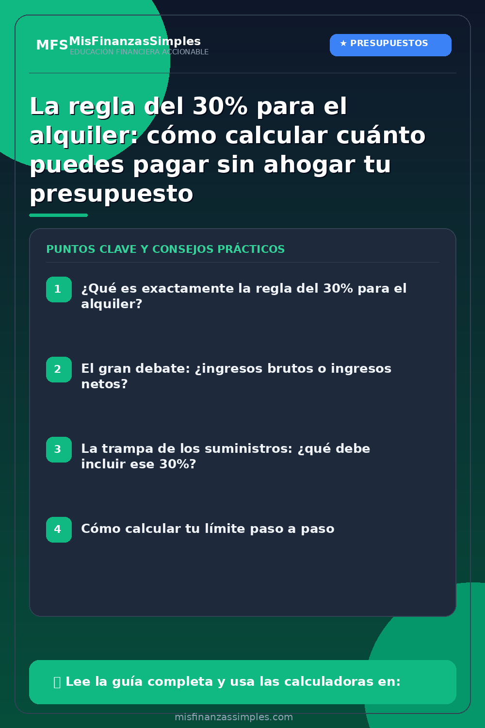 Infografía resumen: La regla del 30% para el alquiler: cómo calcular cuánto puedes pagar sin ahogar tu presupuesto