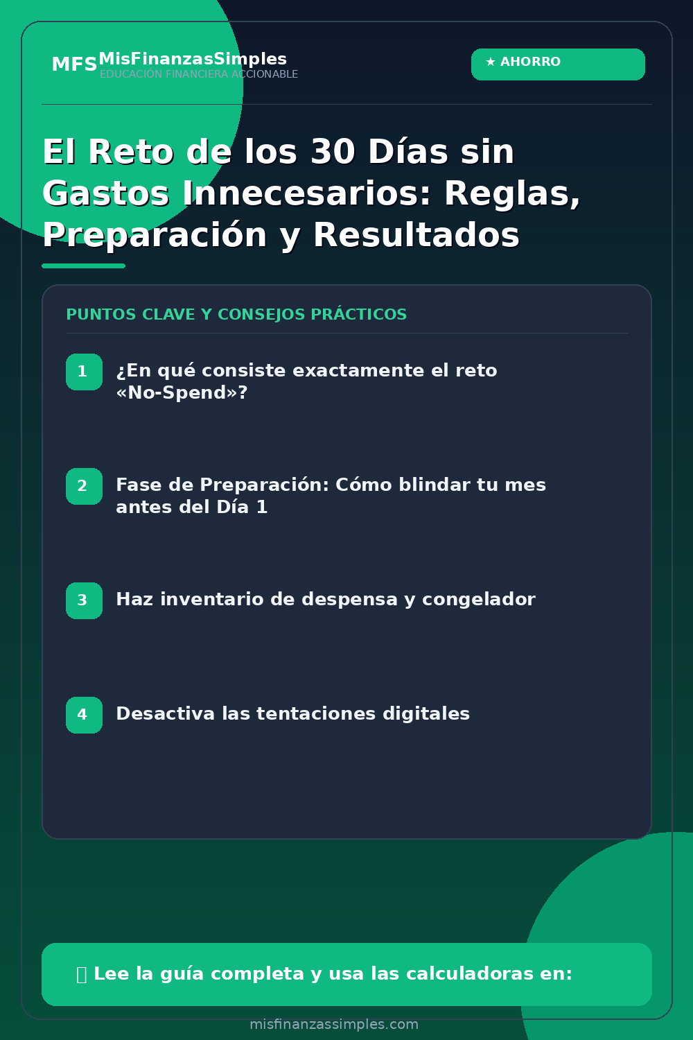 Infografía resumen: El Reto de los 30 Días sin Gastos Innecesarios: Reglas, Preparación y Resultados