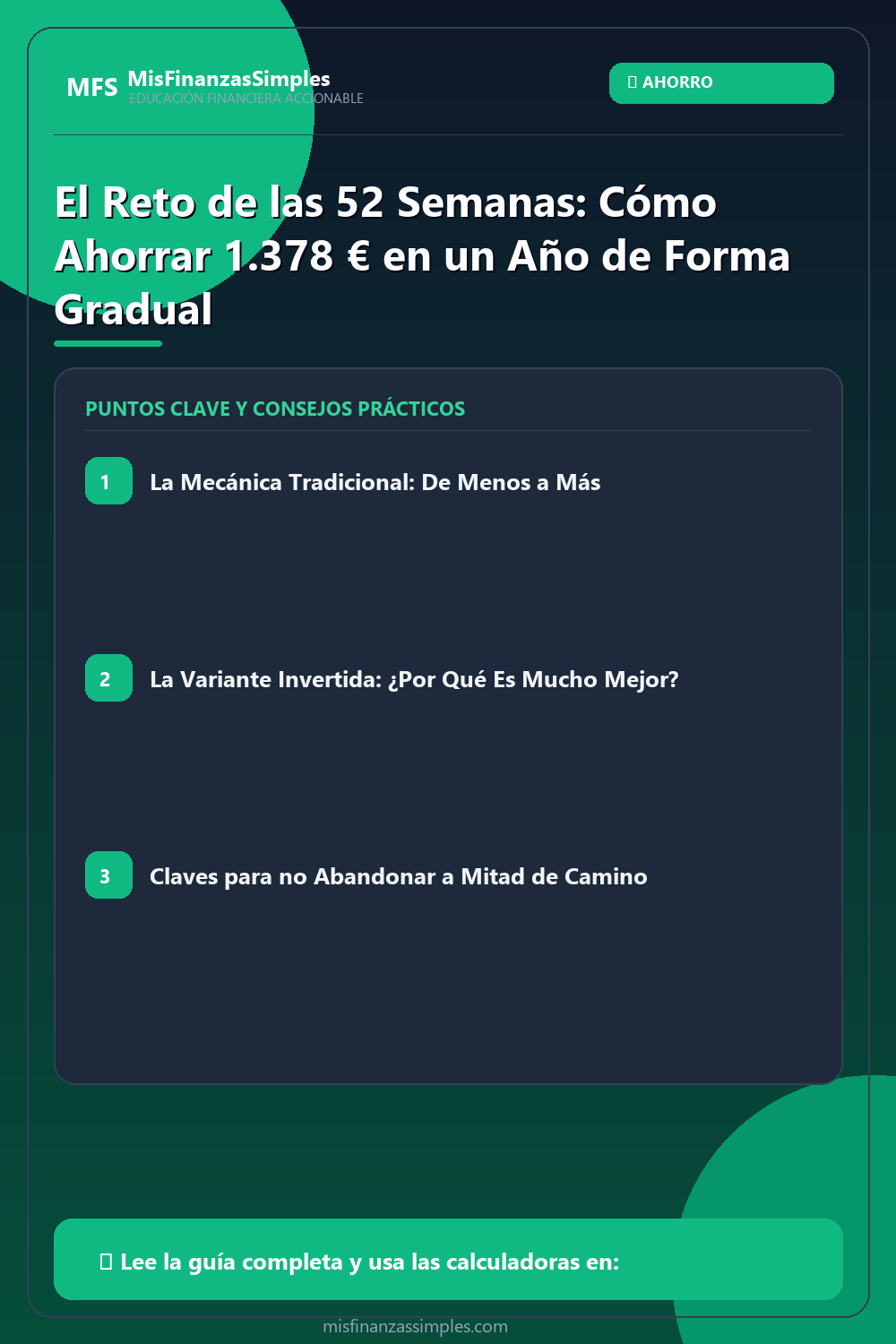 Infografía resumen: El Reto de las 52 Semanas: Cómo Ahorrar 1.378 € en un Año de Forma Gradual