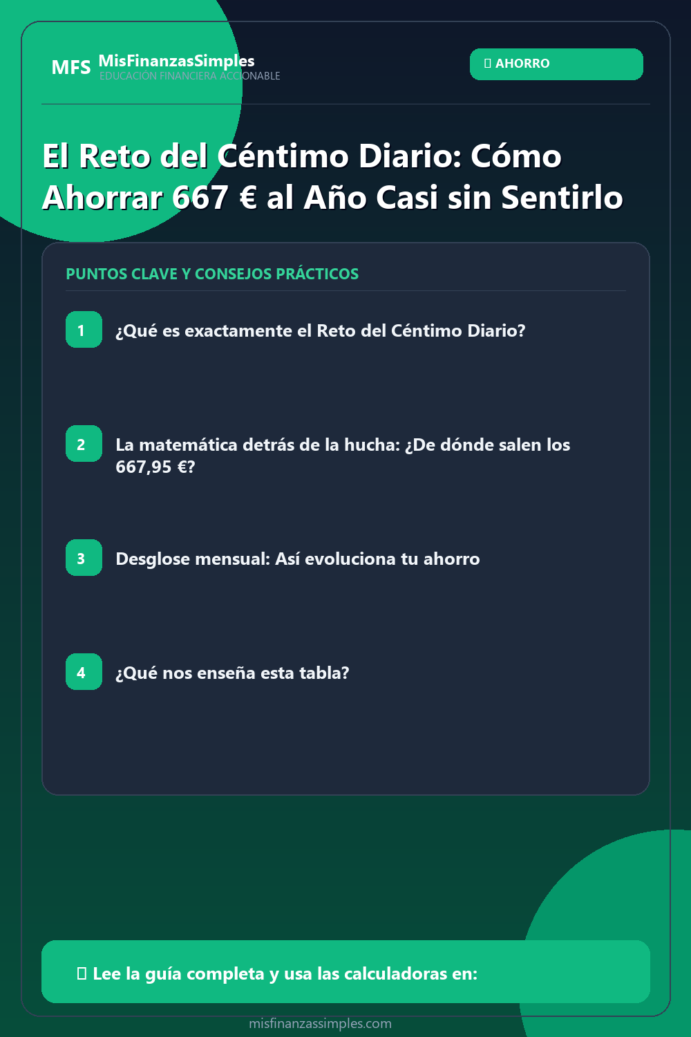 Infografía resumen: El Reto del Céntimo Diario: Cómo Ahorrar 667 € al Año Casi sin Sentirlo